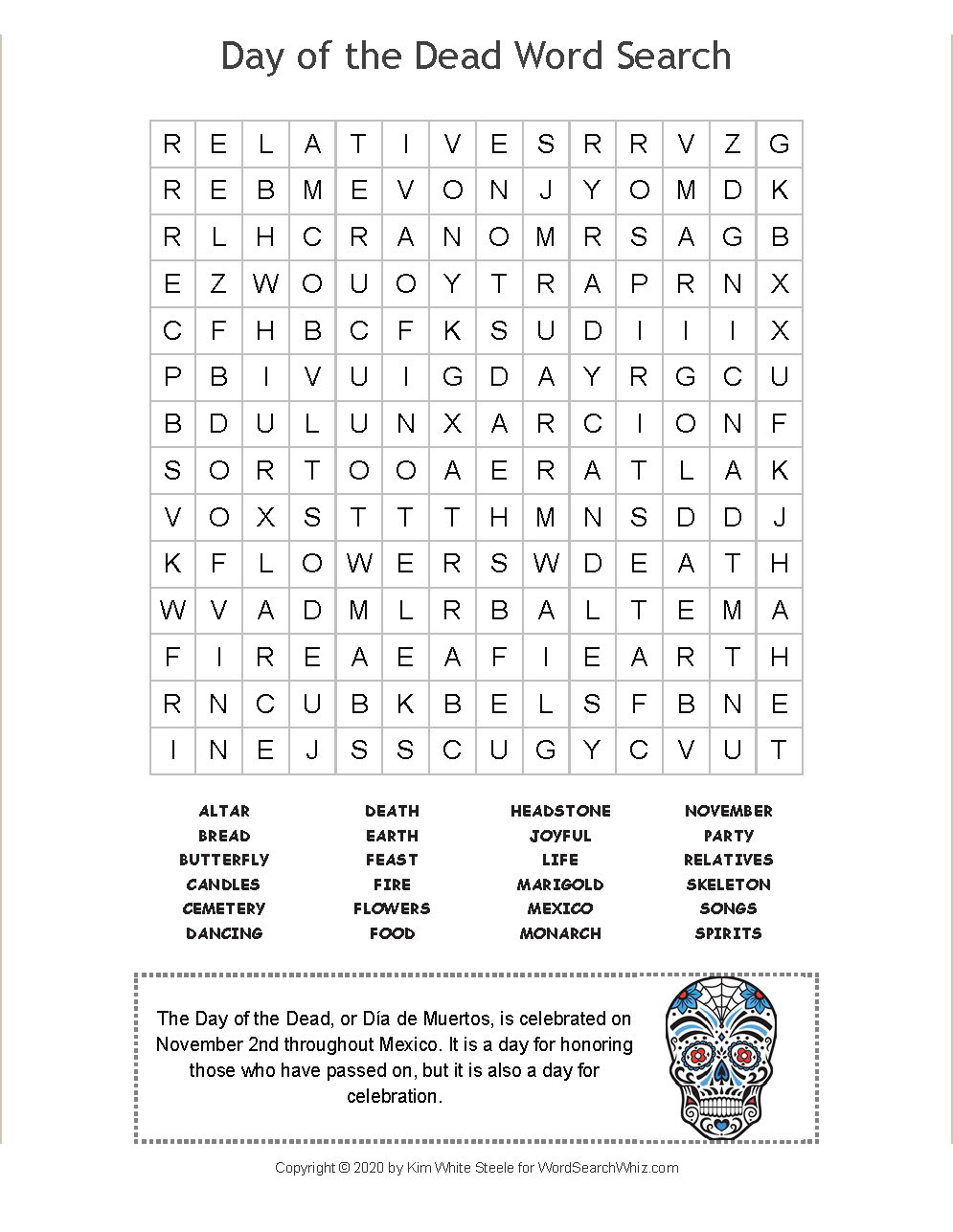 Day Of The Dead Word Search Free Printable