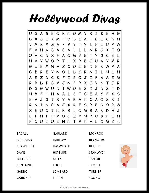 Hollywood Divas Word Search