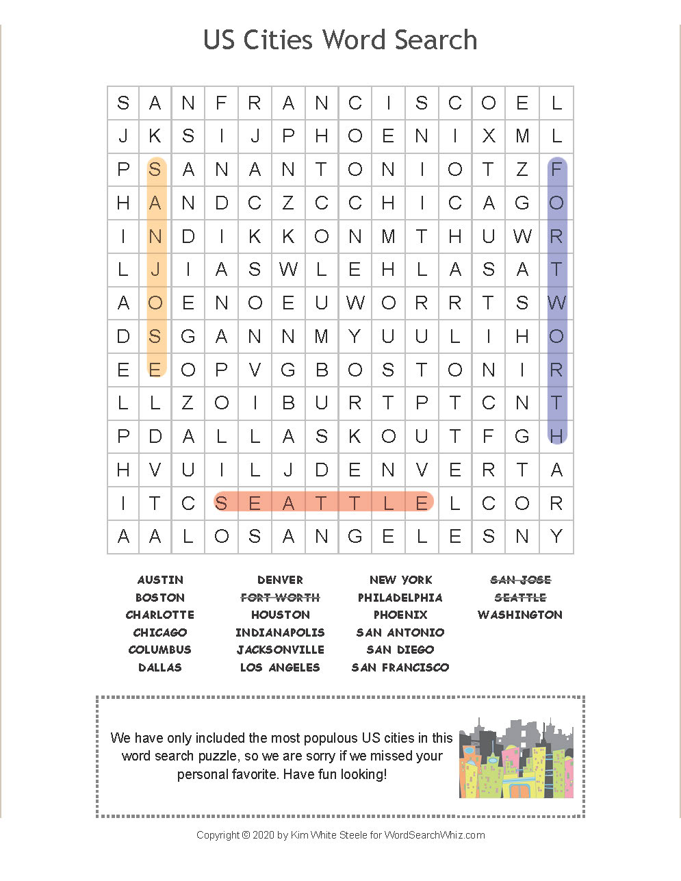 us cities word search