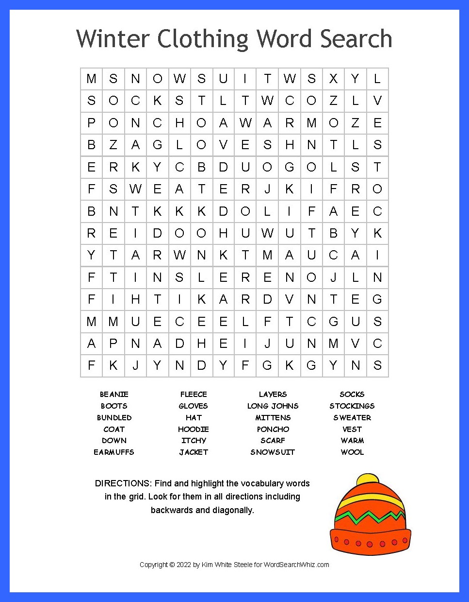 Winter clothing word search